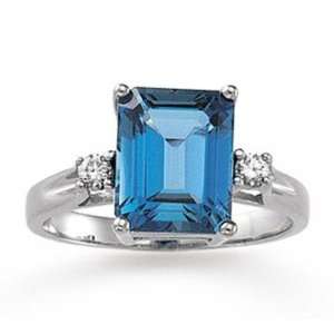  14k White Gold Emerald Blue Topaz Diamond Ring Jewelry