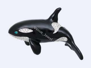 Black Enamel Orca Killer Whale Crystal Brooch Pin  