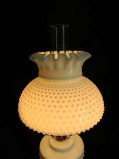 HTF~Beautiful 1960s Fenton Milk Glass Hobnail Lamp~Ribbon Crimp Shade 