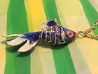 VTG Articulated Fish Pendant Necklace Aqua Blue Enamel & Gold Tone 