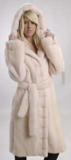 Hooded SAGA FURS pearl Mink fur coat 3/4 with fur belt   MAILON FURS 