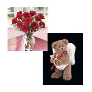 One Dozen Premium Red Roses plus Bearington Valentine Bear 