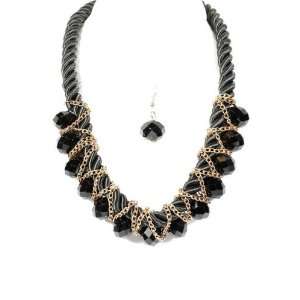 Black Finecut Glass Charm Weaved By Chain on Fabric Chain Necklace and 