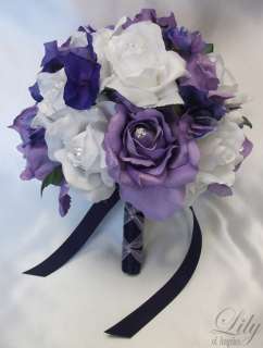 are made with one white rosebud accented with purple hydrangeas