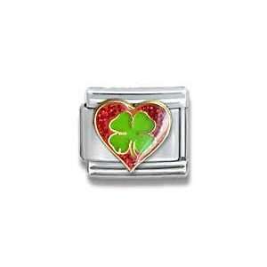  4 Leaf Clover in Red Heart Italian Charm 18k Gold and 