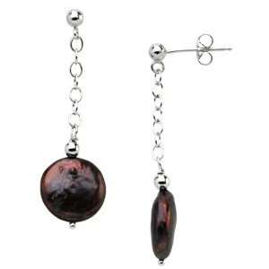 Freshwater Cultured Black Coin Pearl Station Earrings/Sterling Silver