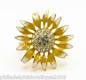 Kenneth Jay Lane Yellow Enamel Sunflower Crystal Ring Size 5 7 NEW 
