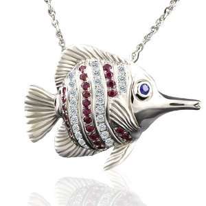   24CT Diamond 14K White Gold Ruby 3D Fish Pendant P&P Luxury Jewelry