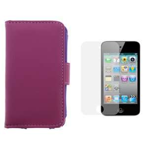 Purple Wallet Leather Case + LCD Screen Protector for Apple iPod Touch 