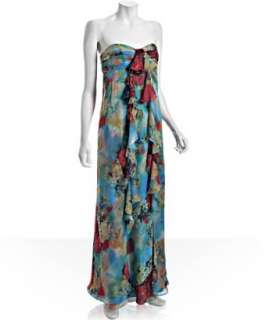 by Allen Schwartz jade floral silk chiffon strapless long dress 