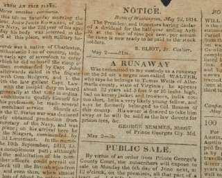 Antique NATIONAL INTELLIGENCER Washington Newspaper May 1814 Slave Ads 