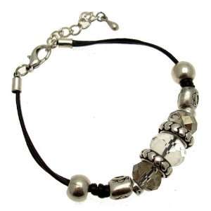   Crystal Glass Beads   Fashion Charm Bracelet on Black Leather Cord