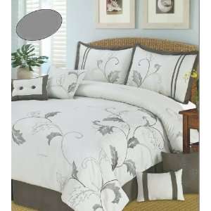   Pc Embroidered White / Taupe Comforter Set, Queen Size