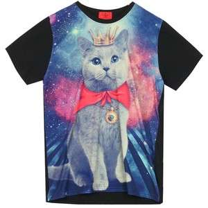   Shirt with CAT Graphic Print Funky Rock Punk Round Crew Neck BLACK NEW