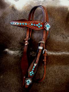 BRIDLE WESTERN LEATHER HEADSTALL BROWN TACK TURQUOISE CROSS CONCHOS 