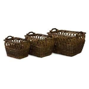   of 3 Rope Bind Woven Picnic Baskets with Wood Handles
