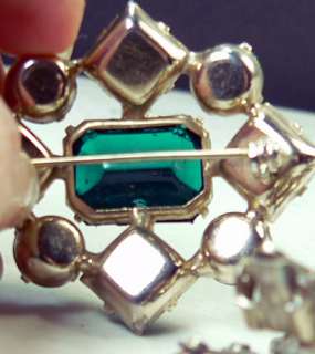   Emerald Green Open Backed Pin, Matching Clip Earrings w Aurora  