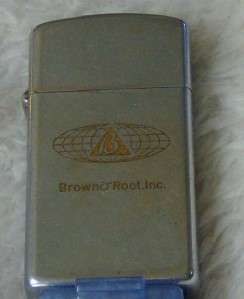 VINTAGE 1981 SLIM ZIPPO LIGHTER IN GOOD CONDITION BROWN AND ROOT LOGO 