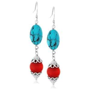  Dyed Red Coral and Turquoise Dangle Earrings with Sterling 