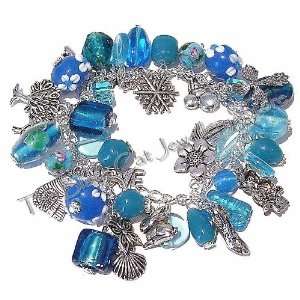   Store Tibetan Silver Charm Bracelet w/ Aqua Blue Beads Jewelry