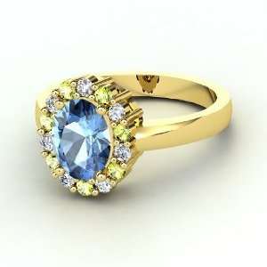   Ring, Oval Blue Topaz 18K Yellow Gold Ring with Diamond & Peridot